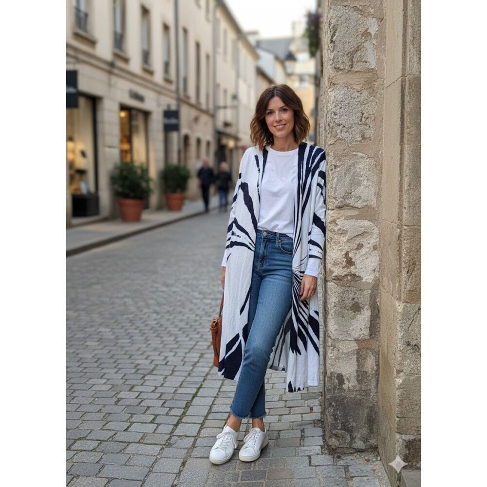 Chico's Dark Navy Blue & White Exploding Palms Cotton Duster Cardigan sz 1/US M